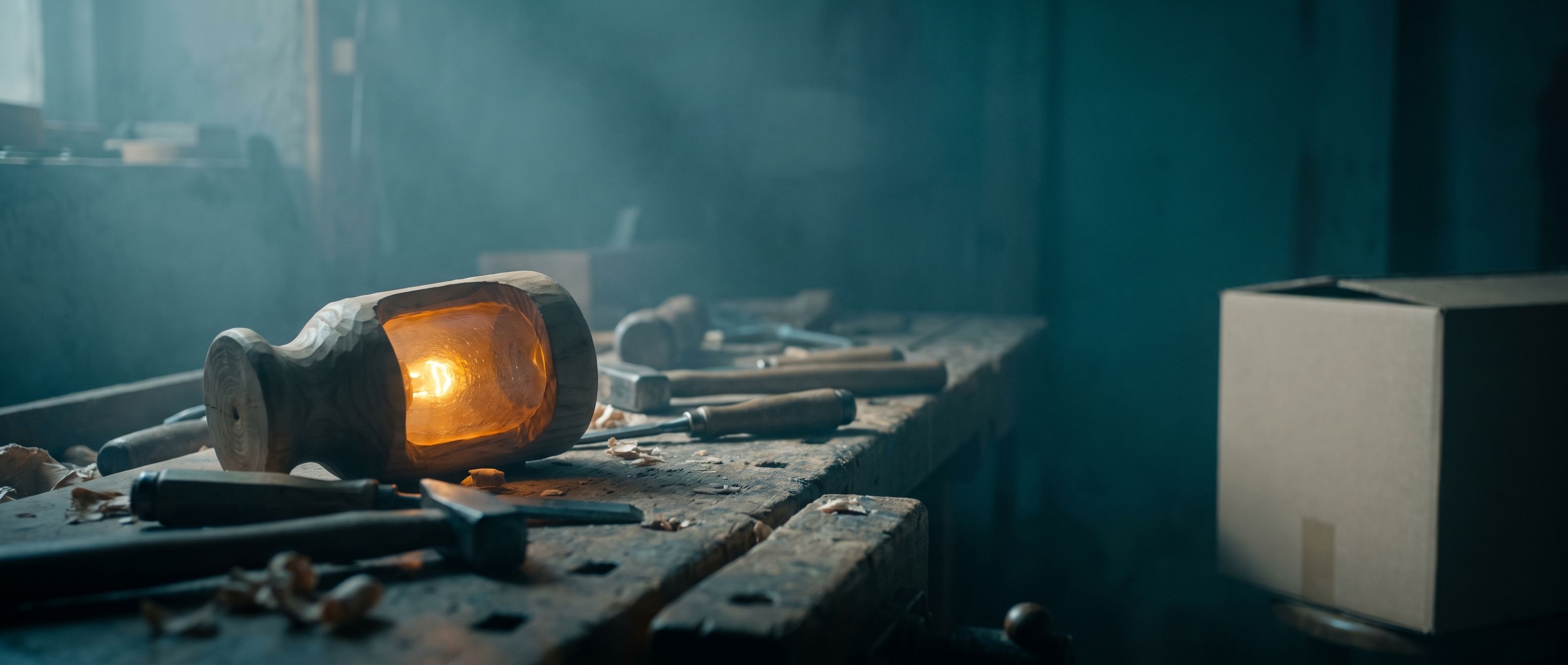 A craftsman's worn workbench with real tools and a work-in-progress glowing warm amber in the foreground, while a plain generic boxed product sits pushed aside in deep teal shadow at the edge of the frame - the buyer's work is the subject; the product steps back.