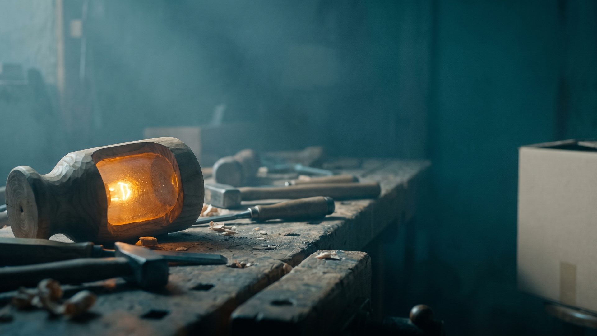 A craftsman's worn workbench with real tools and a work-in-progress glowing warm amber in the foreground, while a plain generic boxed product sits pushed aside in deep teal shadow at the edge of the frame - the buyer's work is the subject; the product steps back.