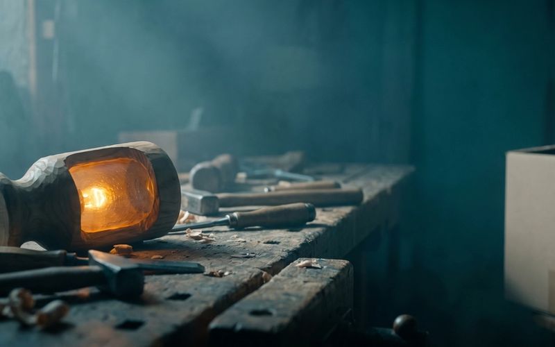 A craftsman's worn workbench with real tools and a work-in-progress glowing warm amber in the foreground, while a plain generic boxed product sits pushed aside in deep teal shadow at the edge of the frame - the buyer's work is the subject; the product steps back.