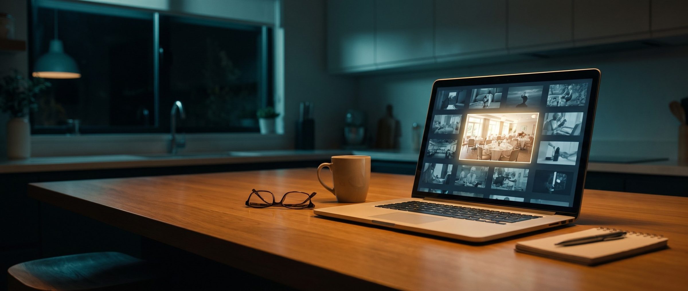 An open laptop on a kitchen table at night showing a grid of video thumbnails, one warmly lit senior living dining room standing out among them, beside reading glasses, a mug and a notepad