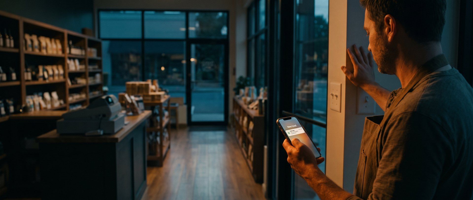 A shop owner at closing time, one hand by the light switch, reading a new lead notification on a phone in a dim store