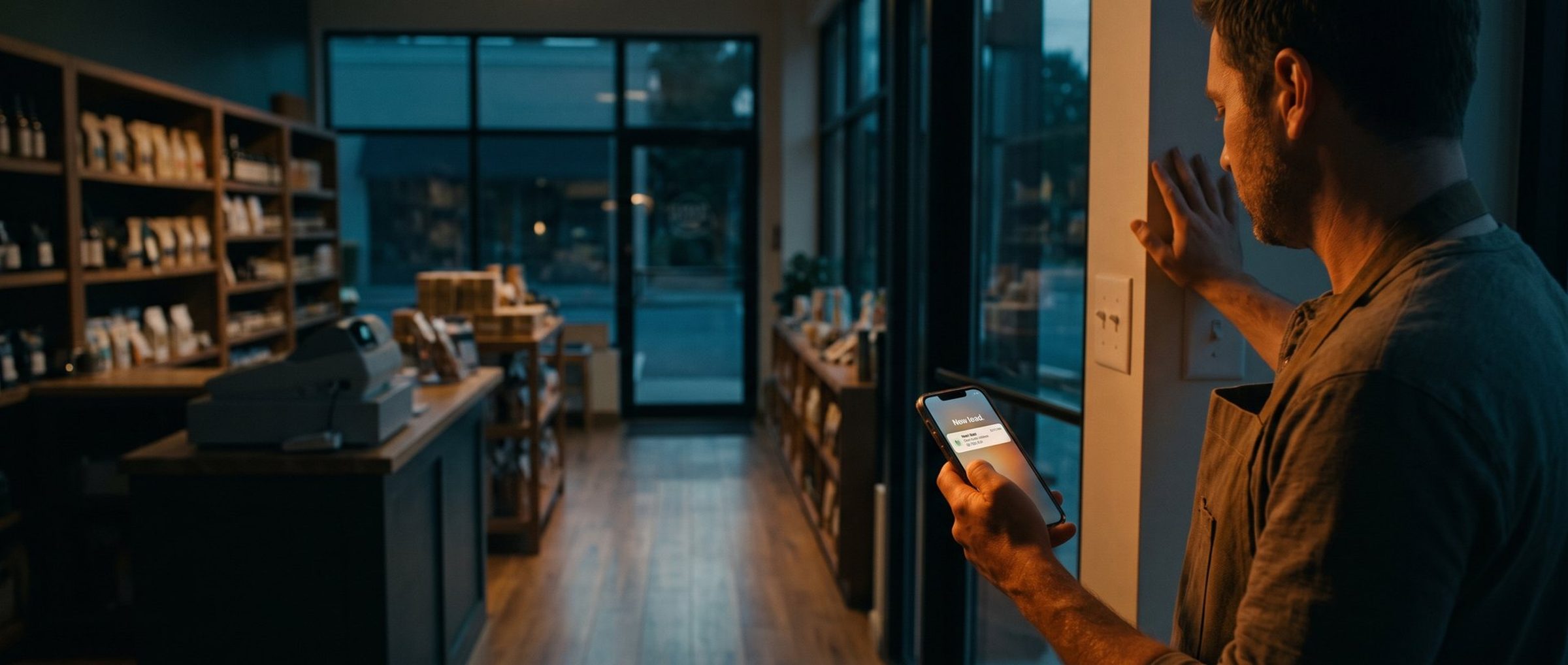 A shop owner at closing time, one hand by the light switch, reading a new lead notification on a phone in a dim store