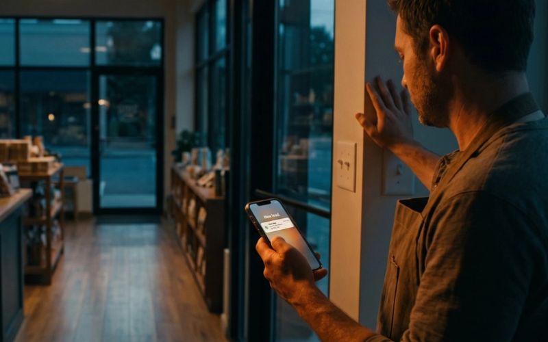 A shop owner at closing time, one hand by the light switch, reading a new lead notification on a phone in a dim store