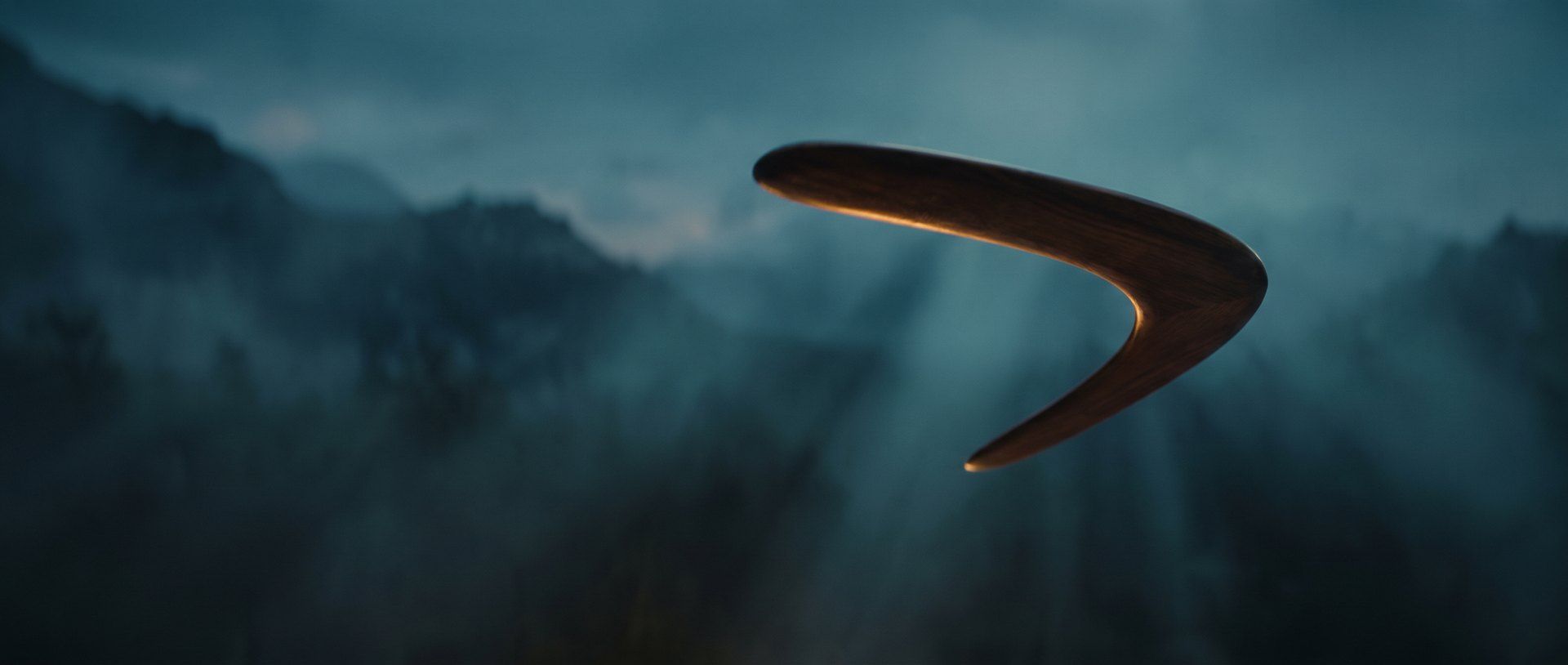 A wooden boomerang arcing back through teal mist with warm amber light -- retargeting brings warm customers back.