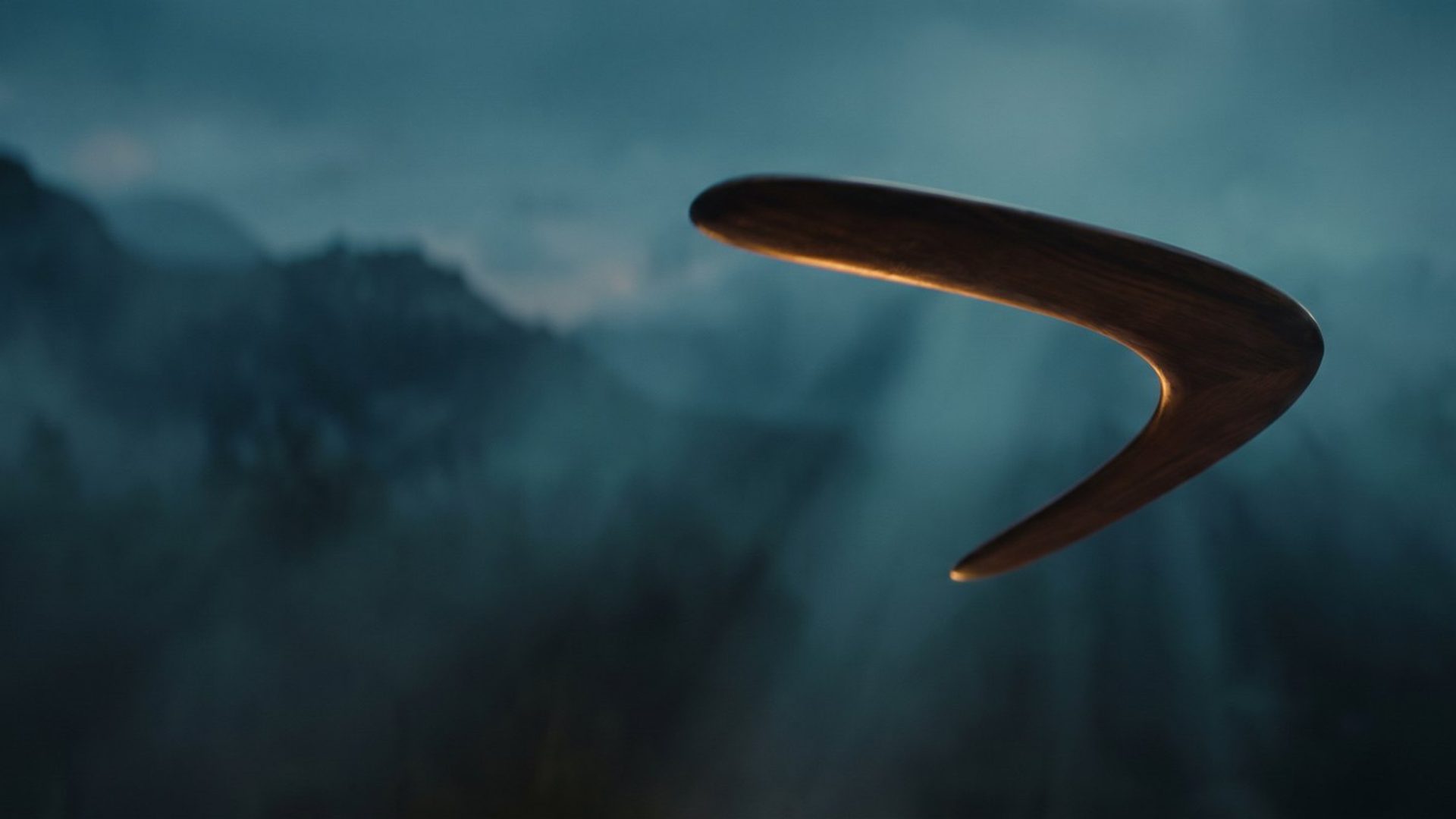 A wooden boomerang arcing back through teal mist with warm amber light -- retargeting brings warm customers back.