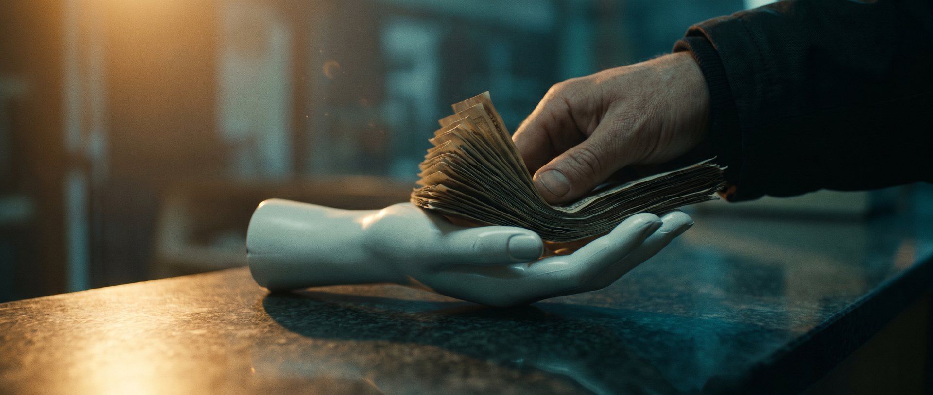 A human hand pressing a thick fanned wad of banknotes into the open palm of a featureless white mannequin hand on a dark counter