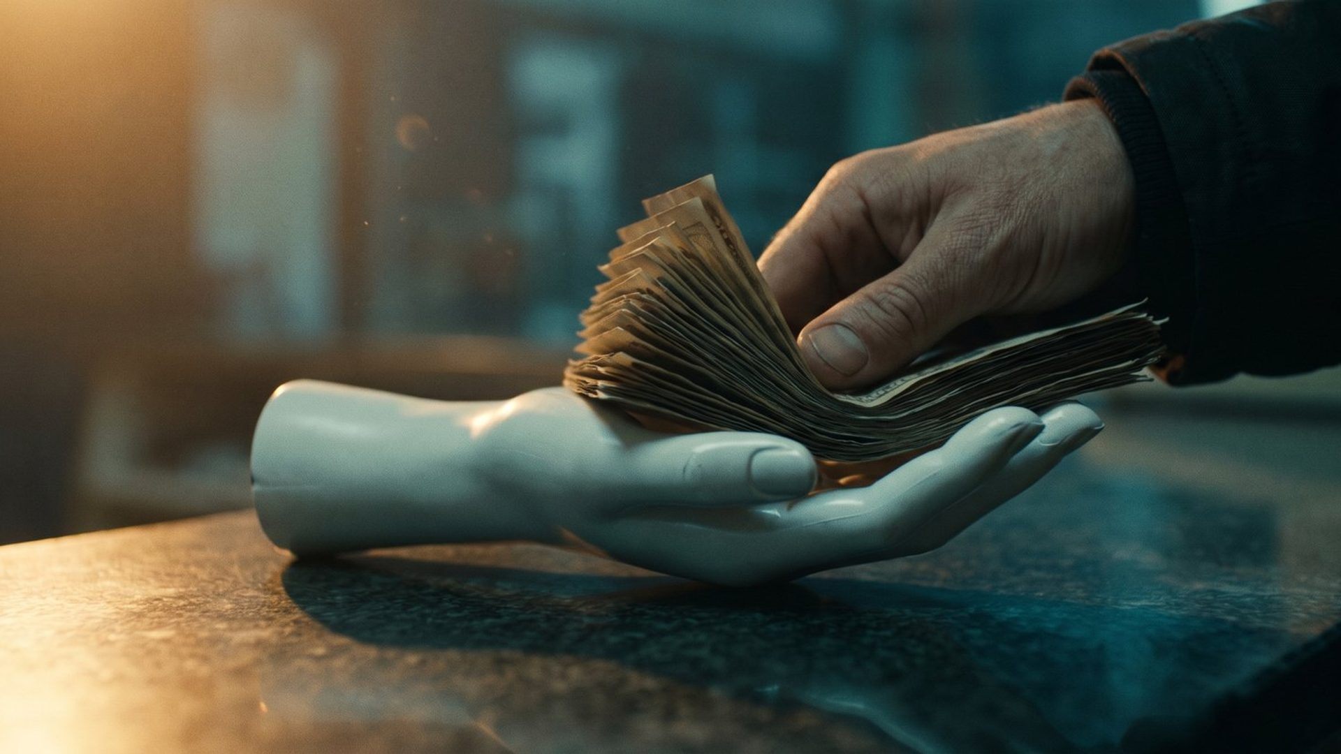 A human hand pressing a thick fanned wad of banknotes into the open palm of a featureless white mannequin hand on a dark counter