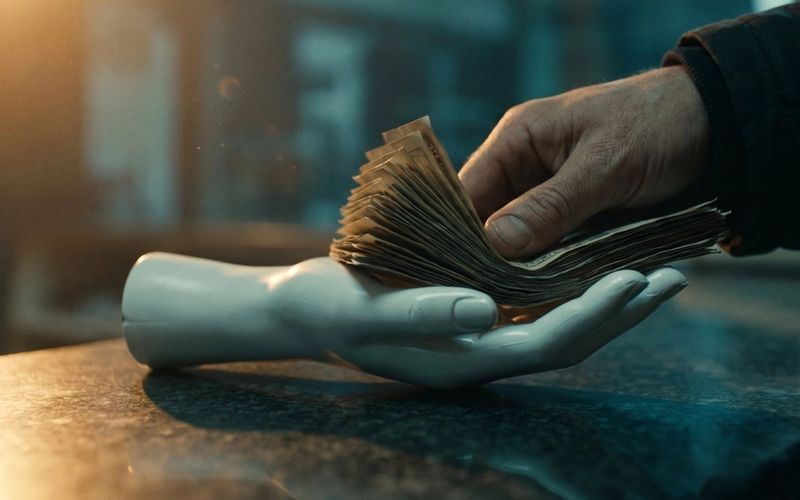 A human hand pressing a thick fanned wad of banknotes into the open palm of a featureless white mannequin hand on a dark counter