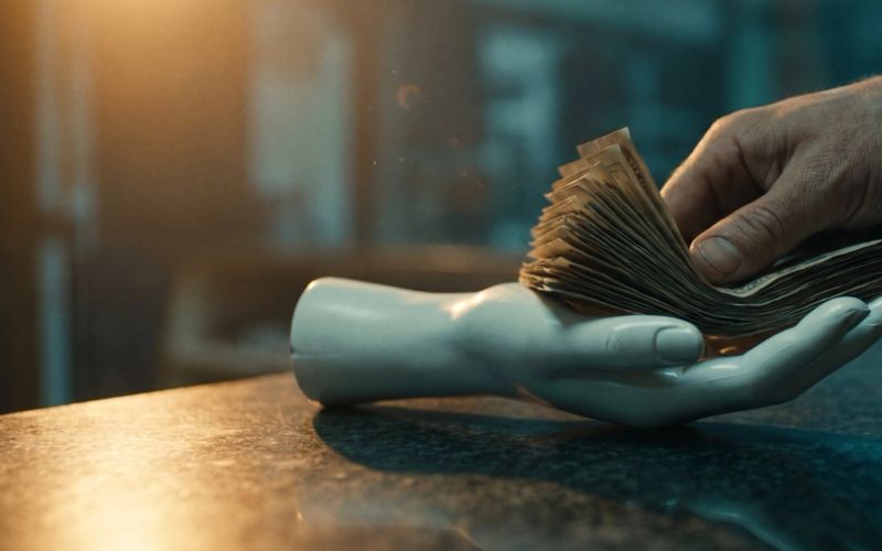 A human hand pressing a thick fanned wad of banknotes into the open palm of a featureless white mannequin hand on a dark counter