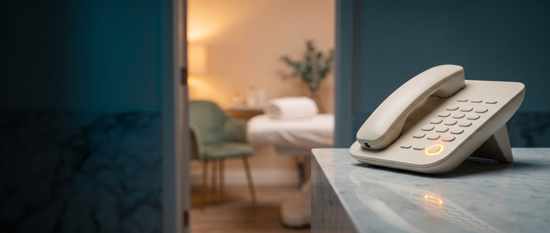 A desk phone with a glowing amber button on an empty reception counter, a dim treatment room behind it