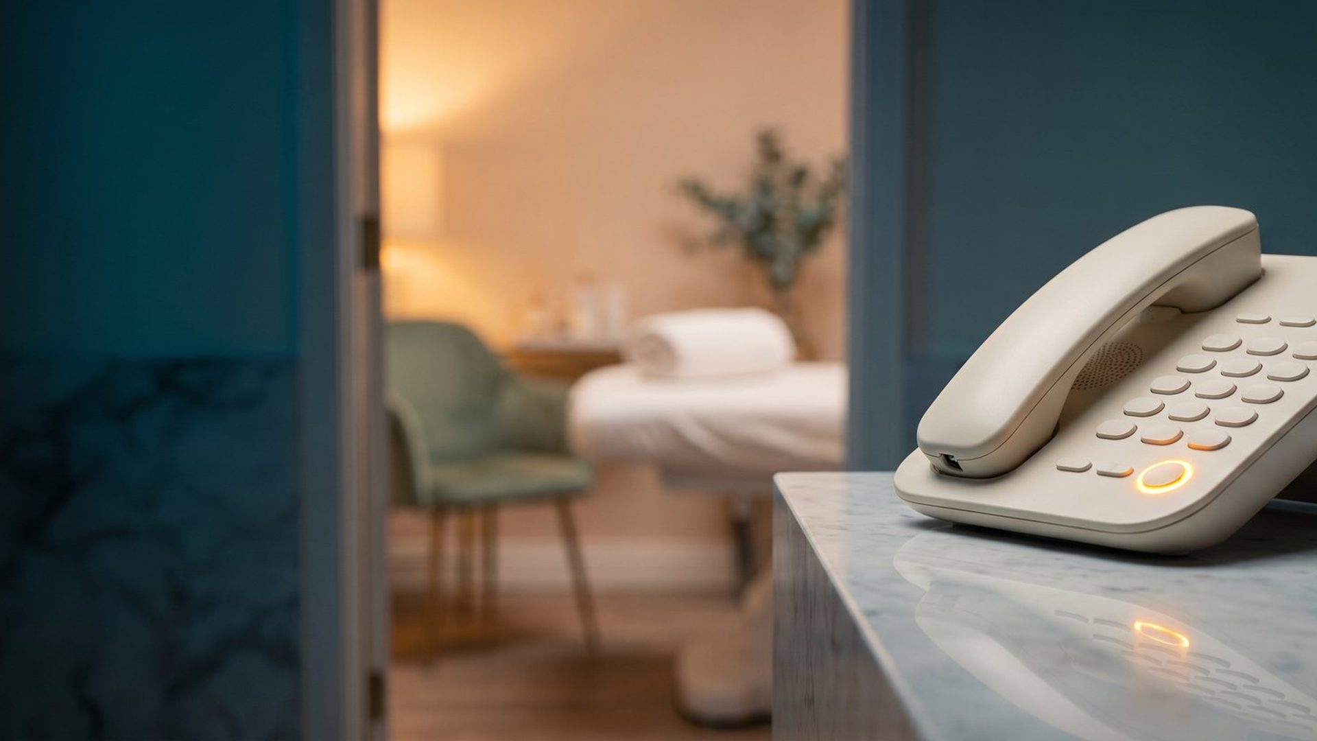 A desk phone with a glowing amber button on an empty reception counter, a dim treatment room behind it
