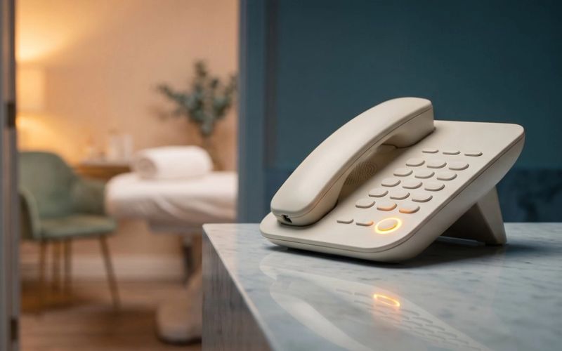 A desk phone with a glowing amber button on an empty reception counter, a dim treatment room behind it