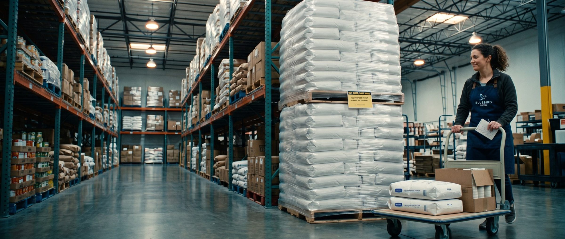 In a restaurant-supply warehouse, a Bluebird Coffee owner with a short list pushes a small cart of two flour sacks past a towering pallet of flour under a Buy More, Save More tag