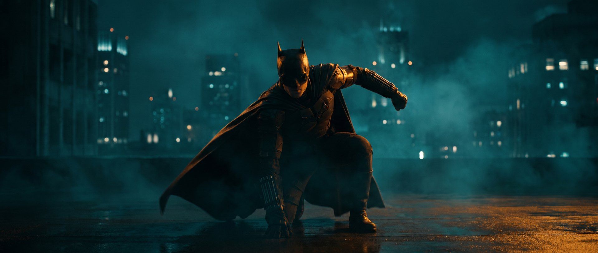 A caped superhero in a dramatic three-point landing pose on a rooftop at night - your landing page hero, sticking the landing.