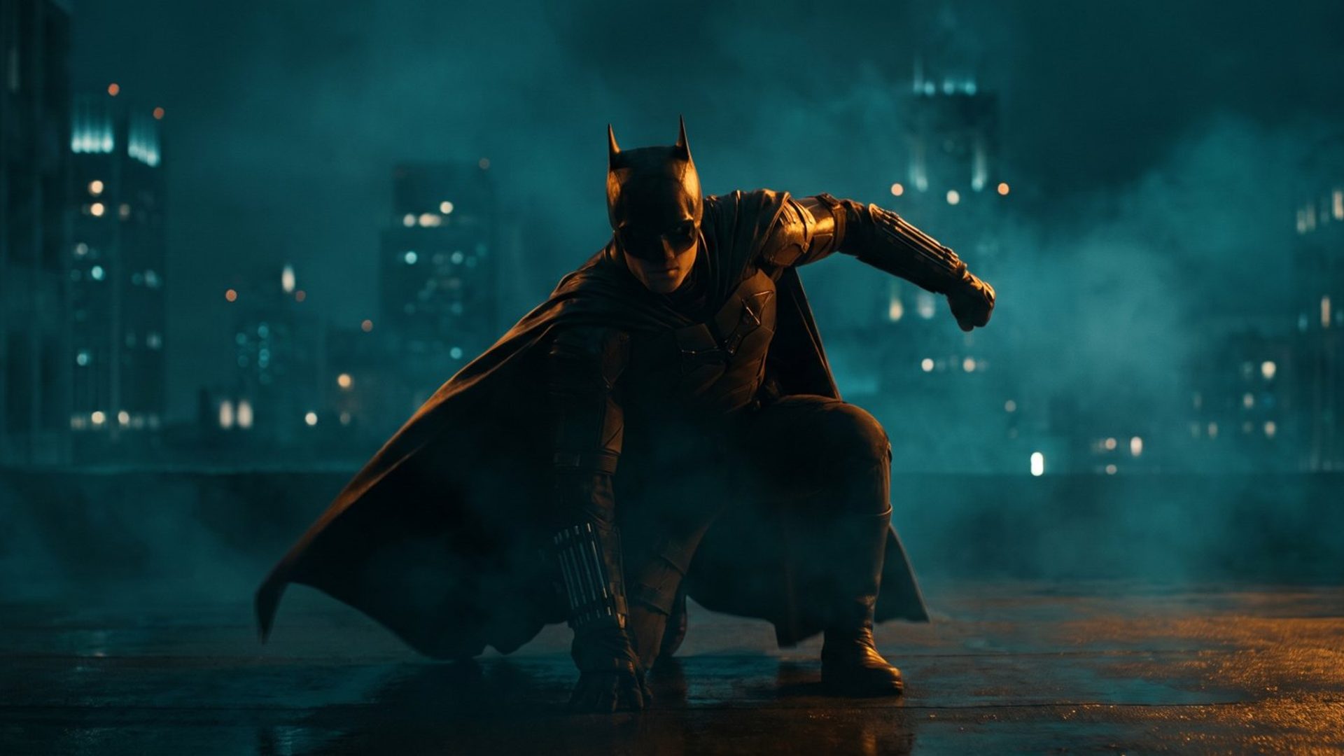 A caped superhero in a dramatic three-point landing pose on a rooftop at night - your landing page hero, sticking the landing.