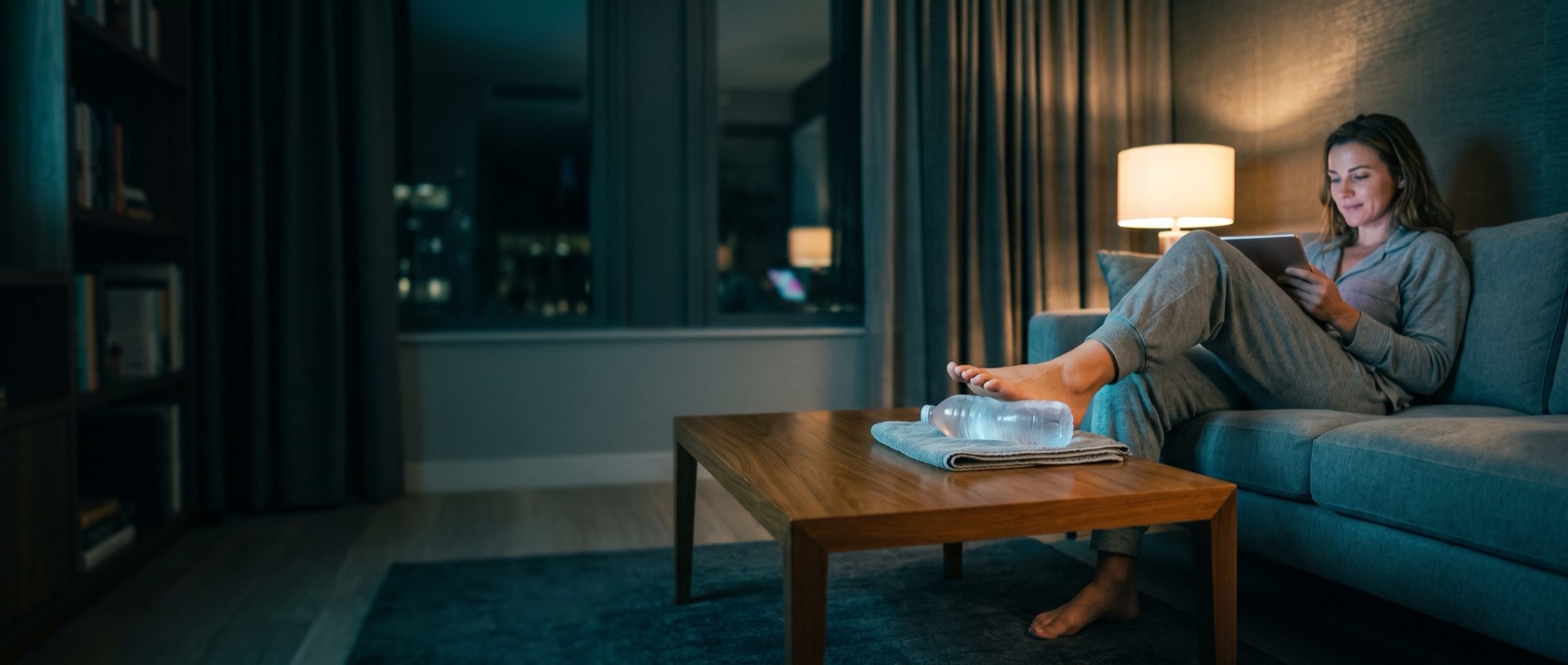 A woman on a couch at night with her bare foot up on a coffee table, resting on a cold water bottle on a towel, while she watches a tablet