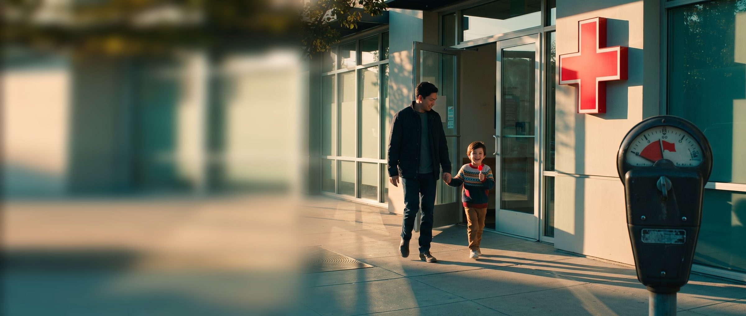 A parent and a smiling child with a red lollipop walk hand in hand out of an urgent care with a red cross by the door, past a parking meter with plenty of time still showing