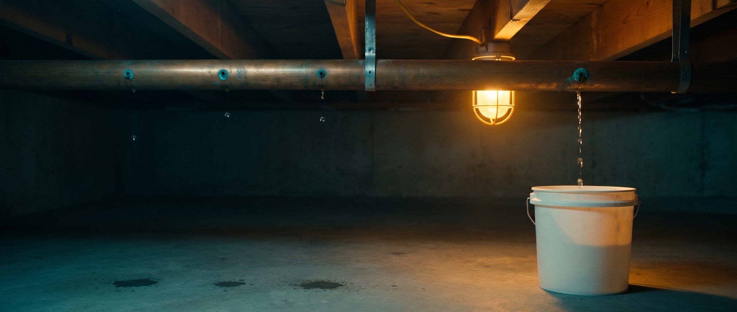 An unfinished basement at night with a copper pipe strapped under the floor joists, four small blue-green crusted pinhole leaks along it, one dripping a steady stream into a white bucket on the concrete floor while drops from the others fall onto bare concrete