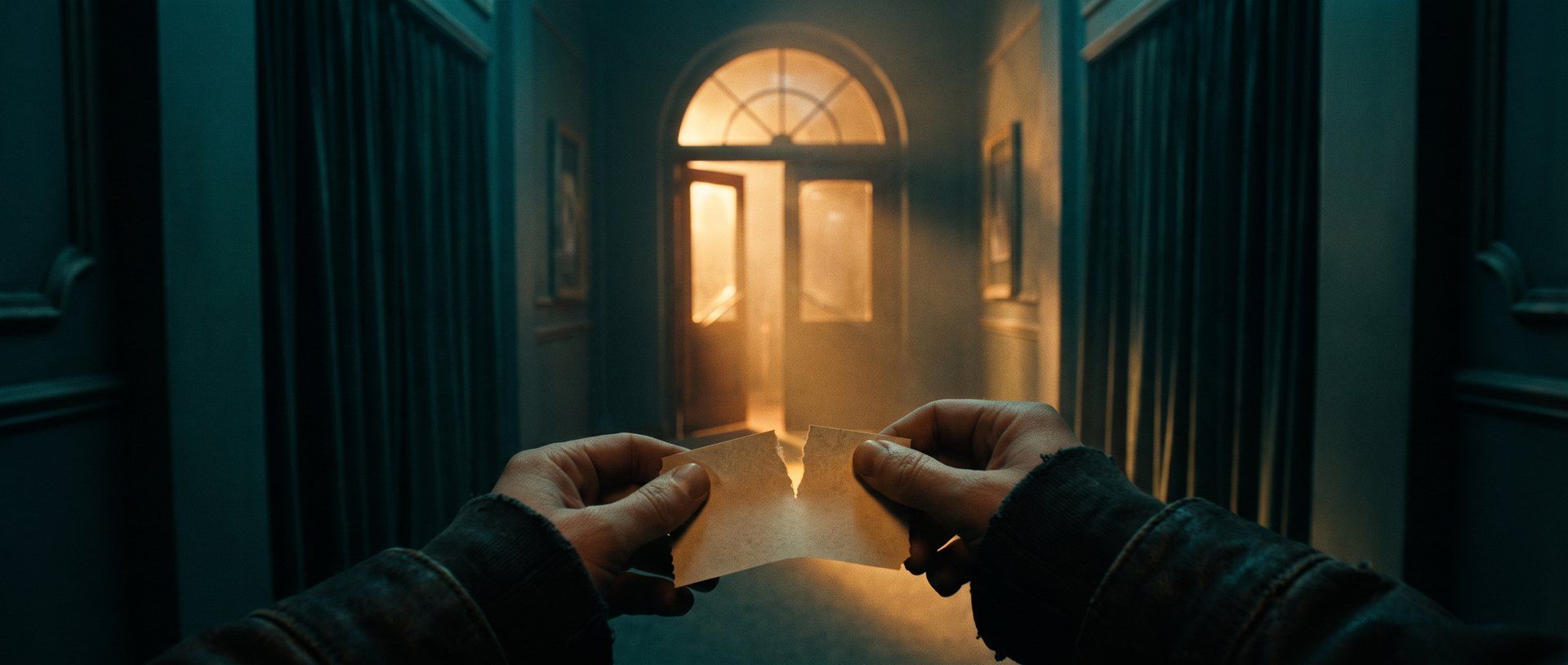Two hands tearing a paper ticket in half in front of a warmly lit doorway at the end of a dark hallway