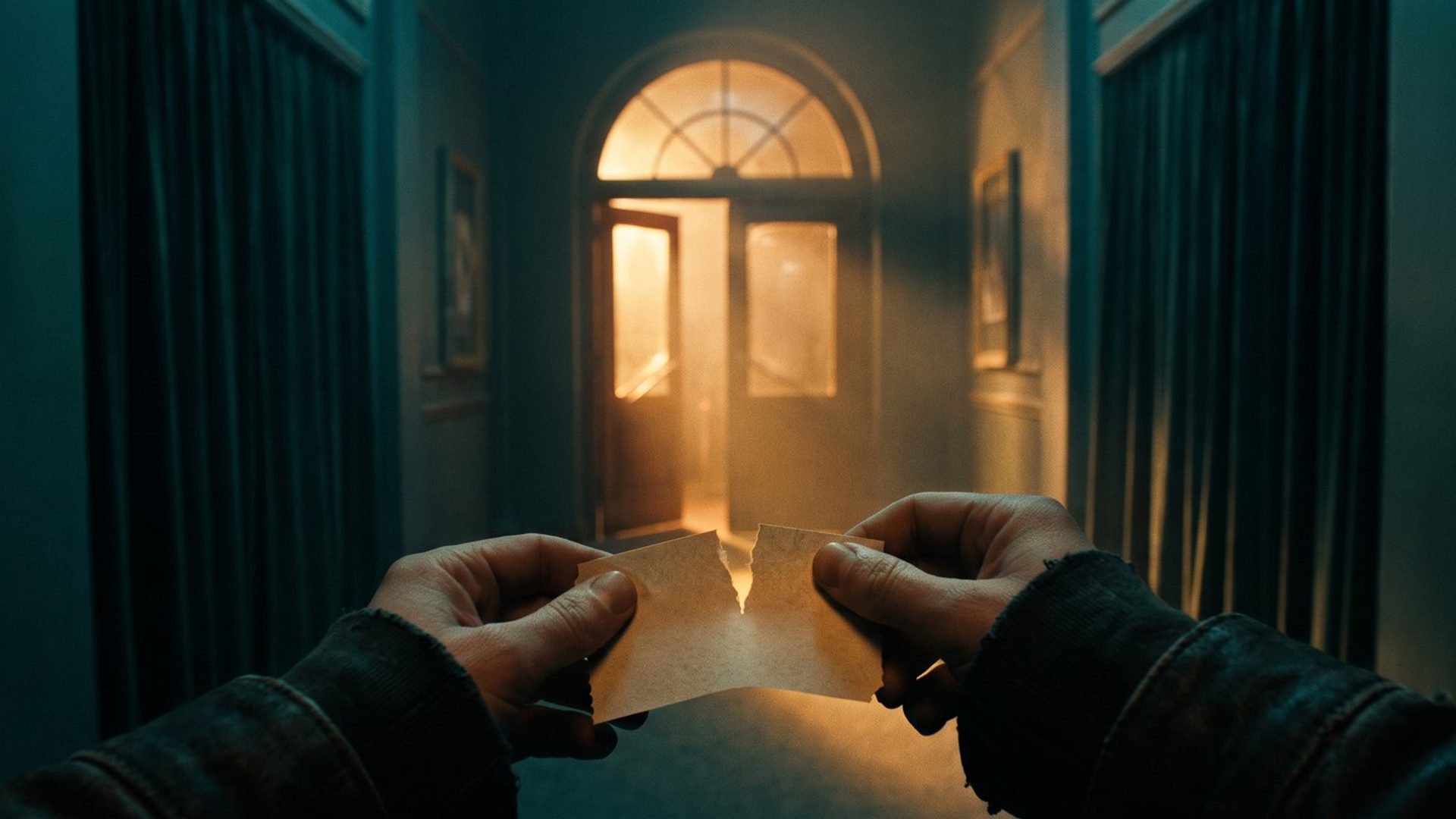 Two hands tearing a paper ticket in half in front of a warmly lit doorway at the end of a dark hallway