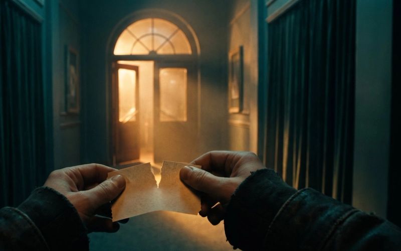 Two hands tearing a paper ticket in half in front of a warmly lit doorway at the end of a dark hallway