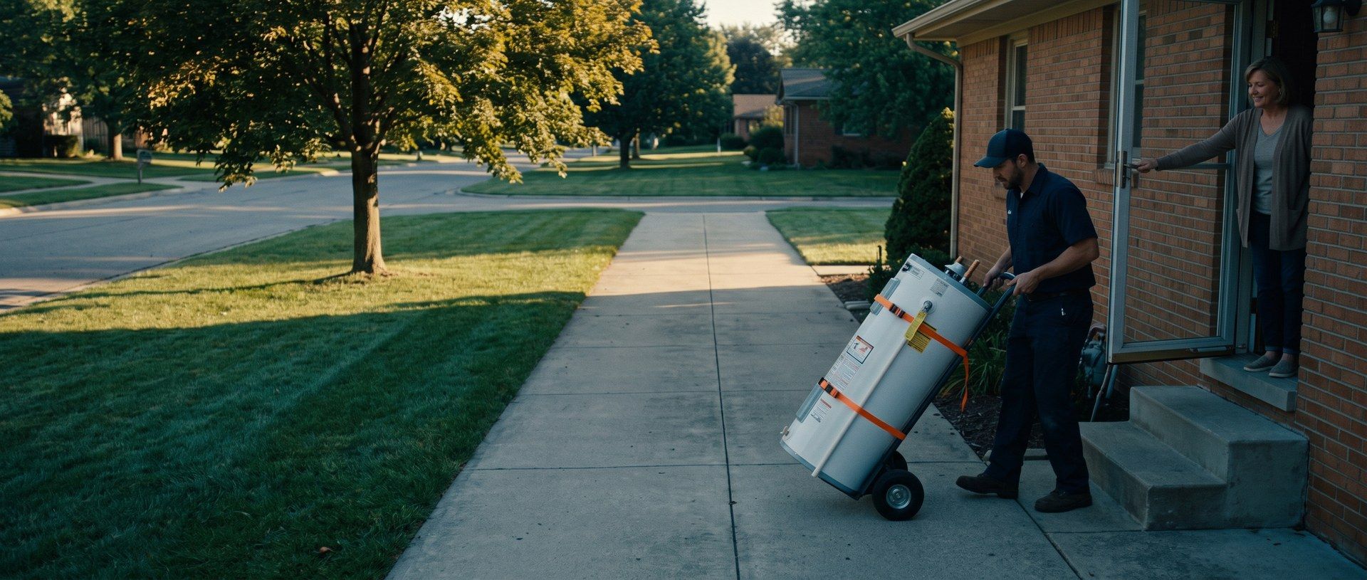A plumber wheels a new water heater on a hand truck up to the side door of a brick house while the homeowner holds the storm door open