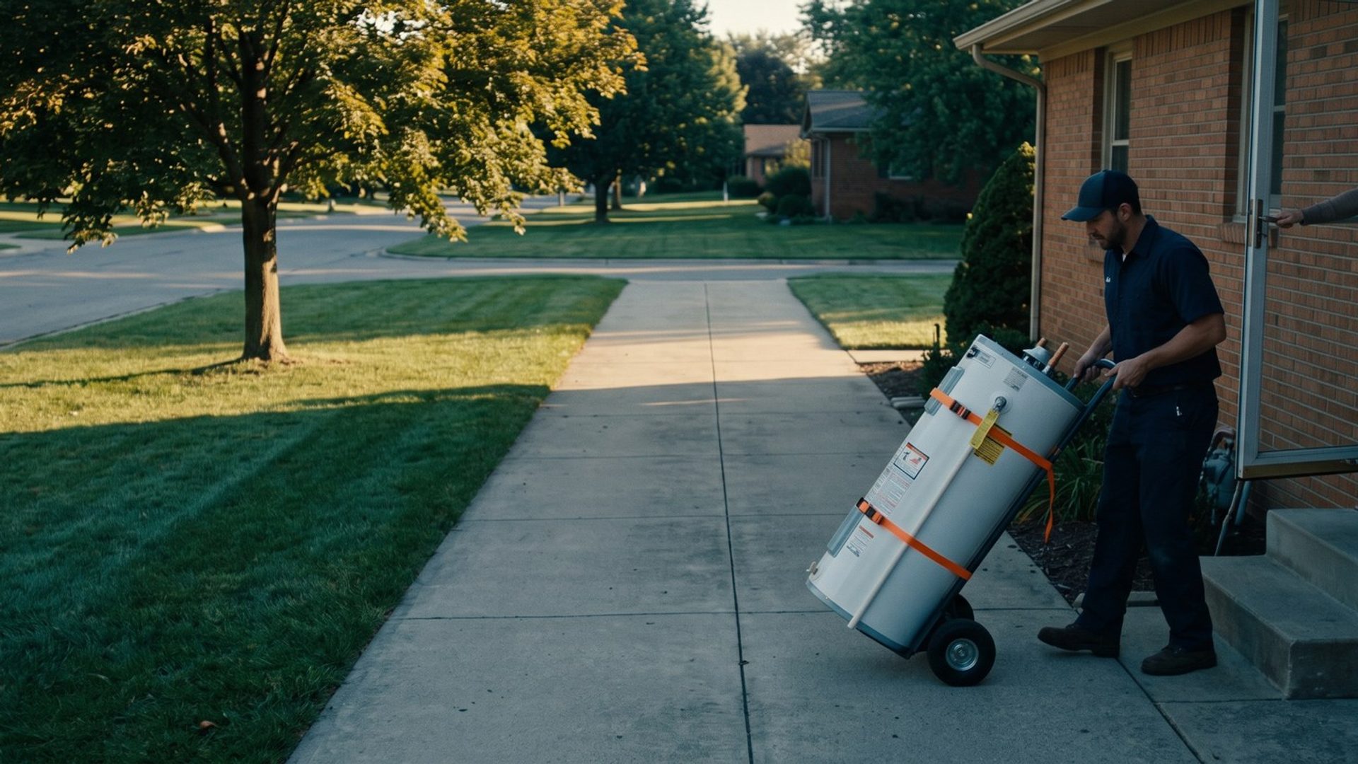 A plumber wheels a new water heater on a hand truck up to the side door of a brick house while the homeowner holds the storm door open