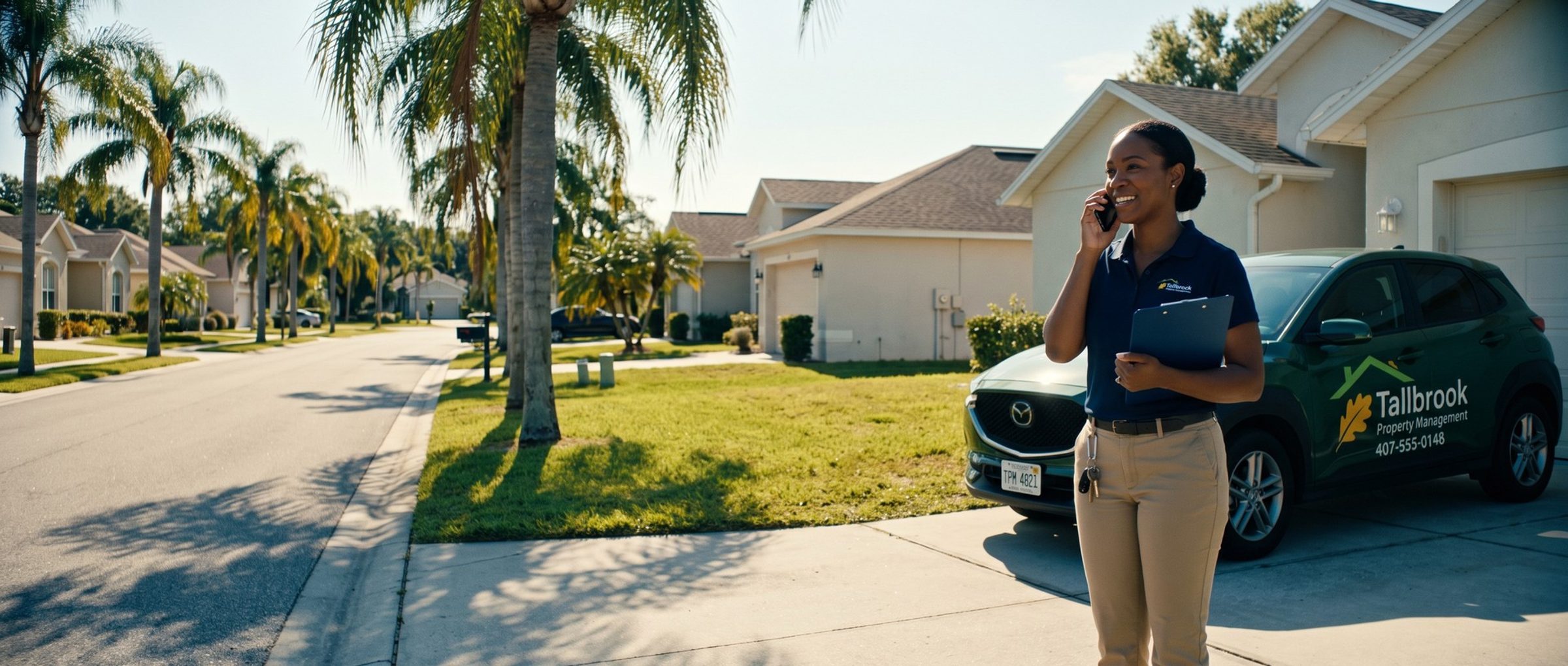A smiling Tallbrook Property Management manager in a navy polo takes a phone call in a rental driveway, clipboard and keys in hand, a green SUV with a Tallbrook fleet wrap parked behind her