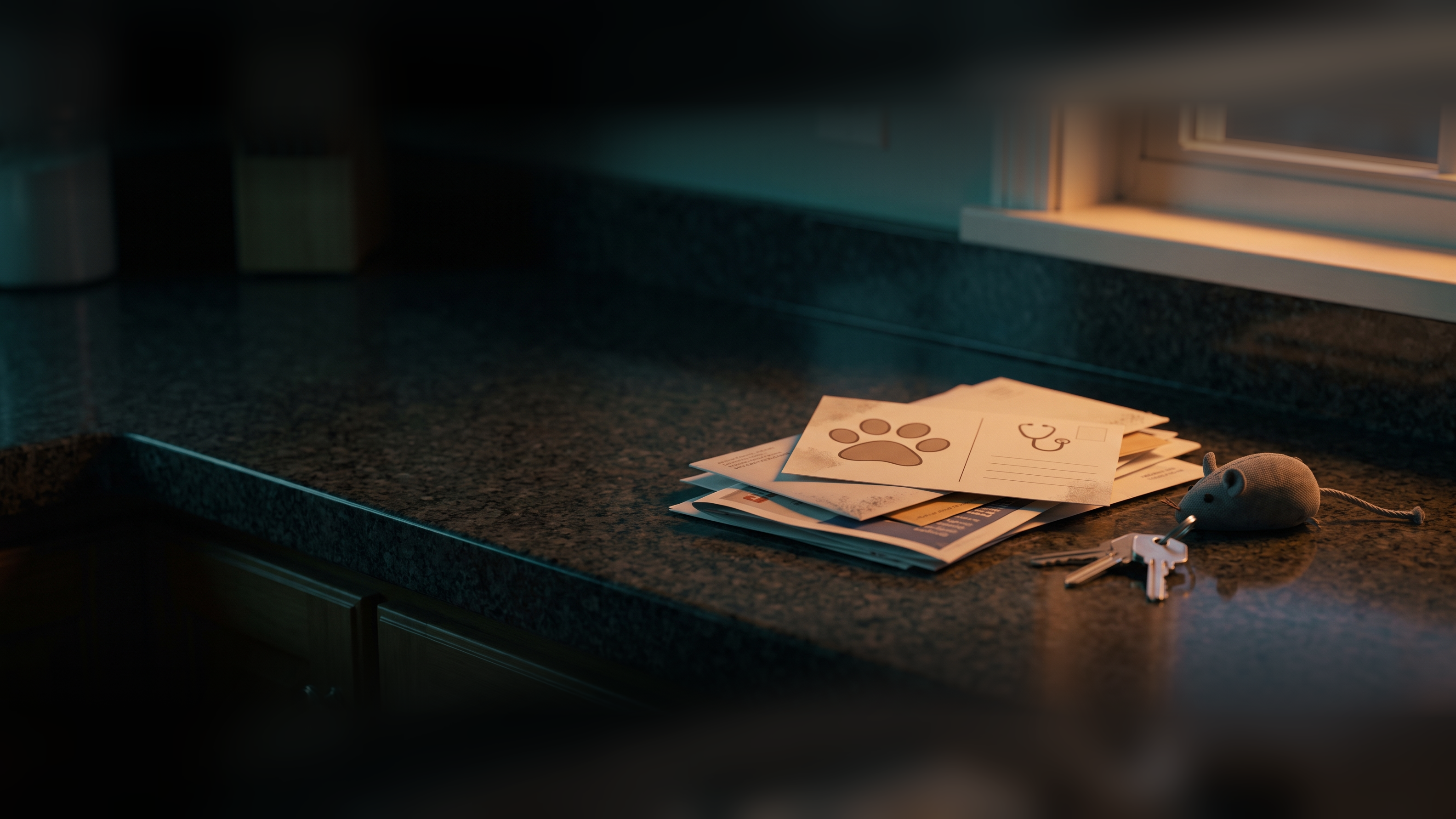 A small pile of unopened mail on a kitchen counter at dusk, a vet reminder postcard with a paw print on top, beside house keys and a cat's toy mouse