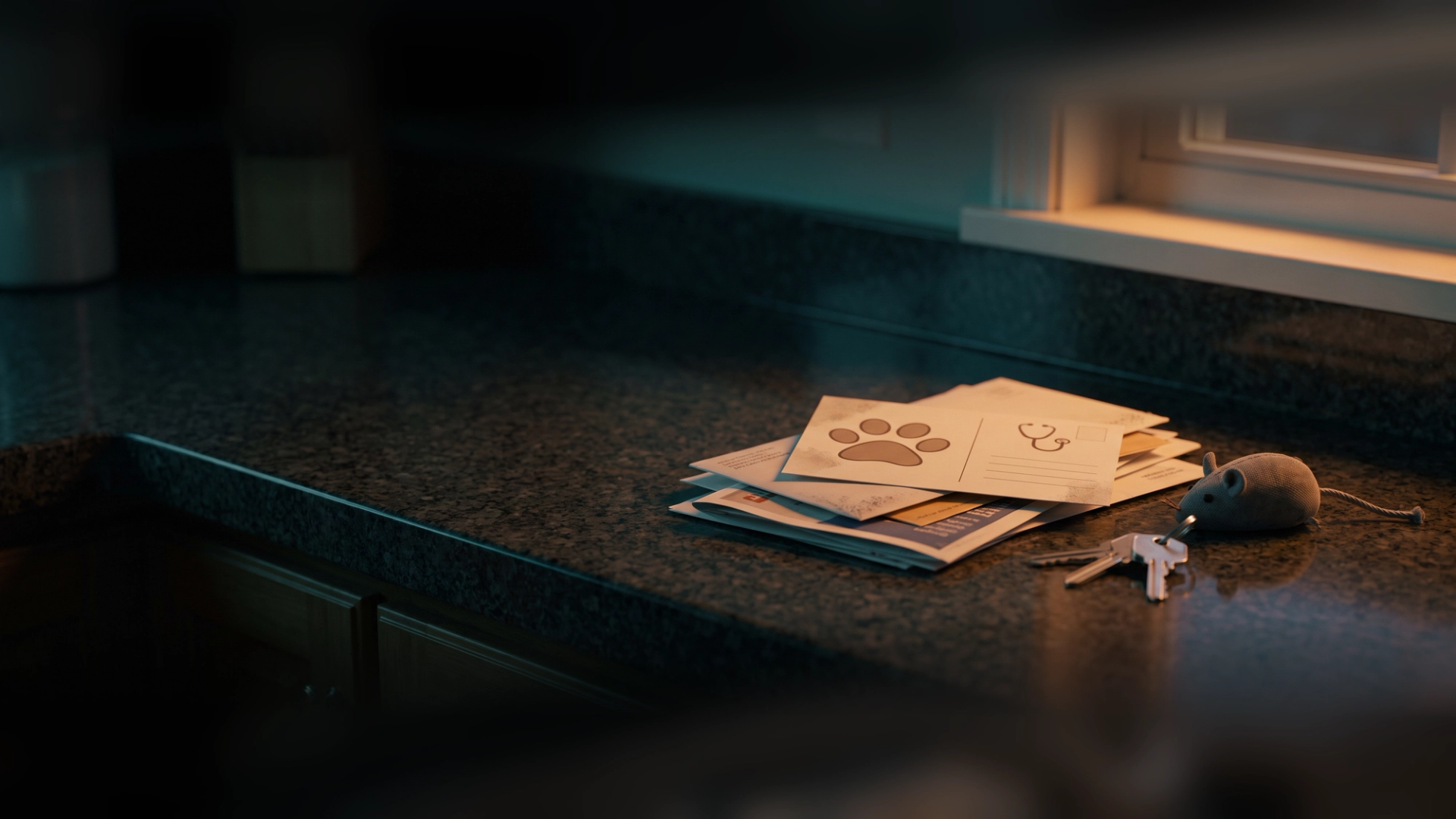 A small pile of unopened mail on a kitchen counter at dusk, a vet reminder postcard with a paw print on top, beside house keys and a cat's toy mouse