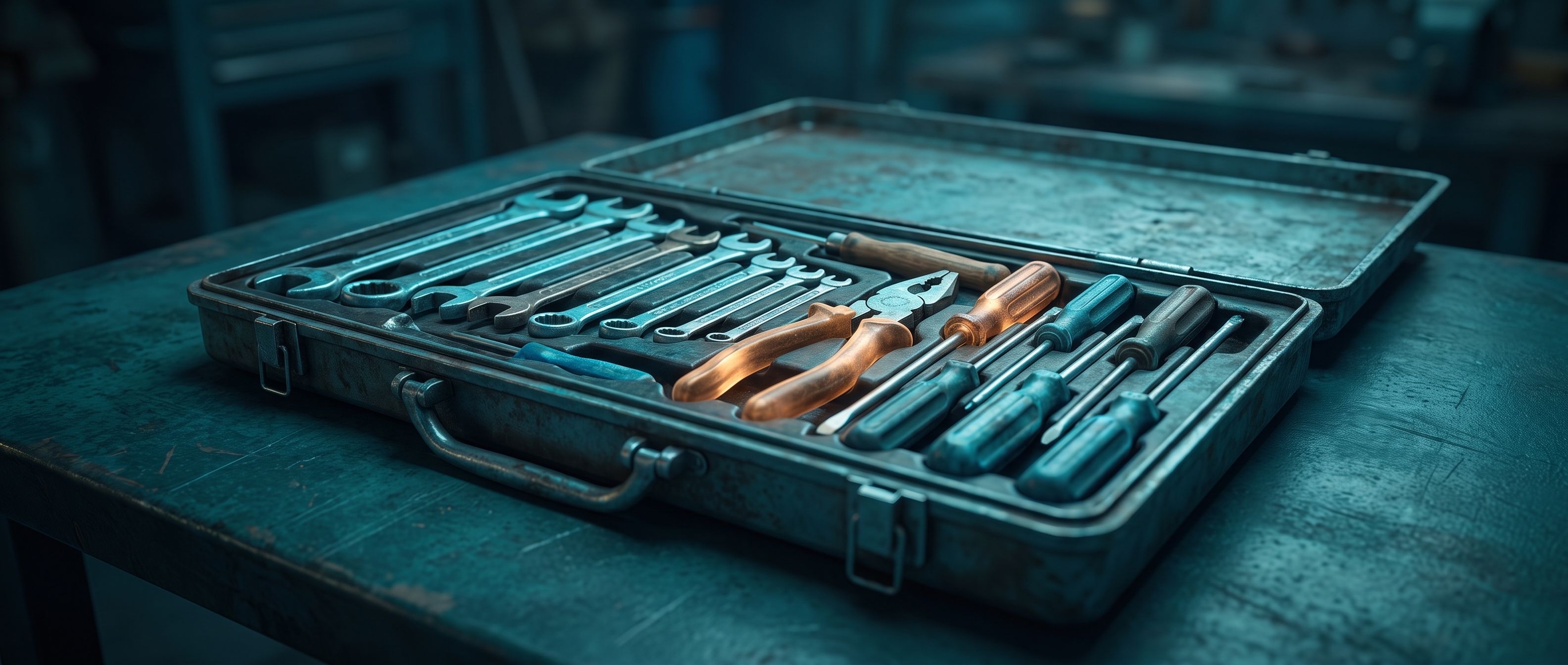 An open, well-stocked toolbox with a few tools lit warm amber - the 18 landing-page sections are a toolkit you draw the right ones from, not a fixed checklist.