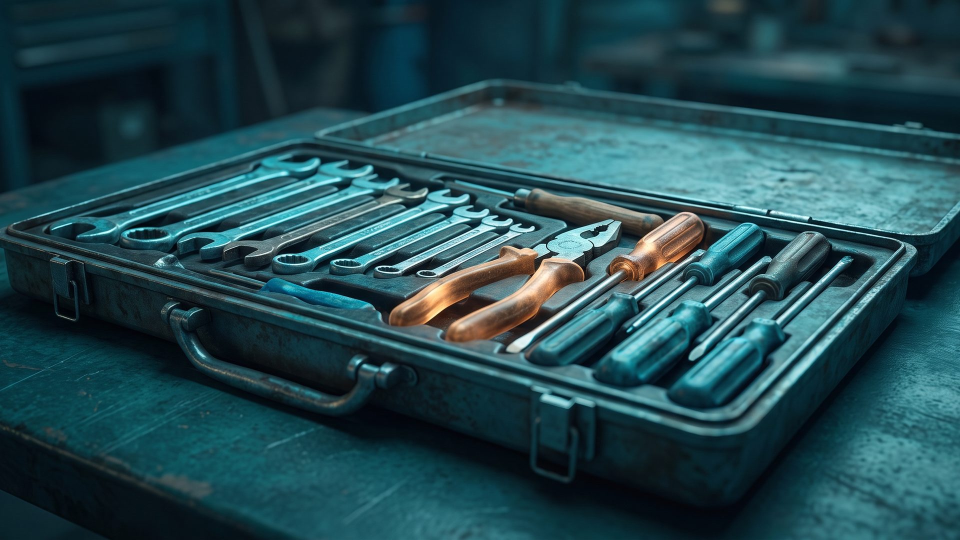 An open, well-stocked toolbox with a few tools lit warm amber - the 18 landing-page sections are a toolkit you draw the right ones from, not a fixed checklist.