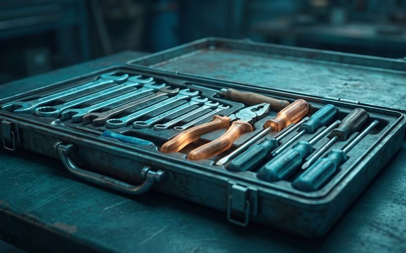 An open, well-stocked toolbox with a few tools lit warm amber - the 18 landing-page sections are a toolkit you draw the right ones from, not a fixed checklist.