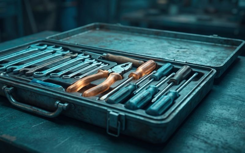 An open, well-stocked toolbox with a few tools lit warm amber - the 18 landing-page sections are a toolkit you draw the right ones from, not a fixed checklist.