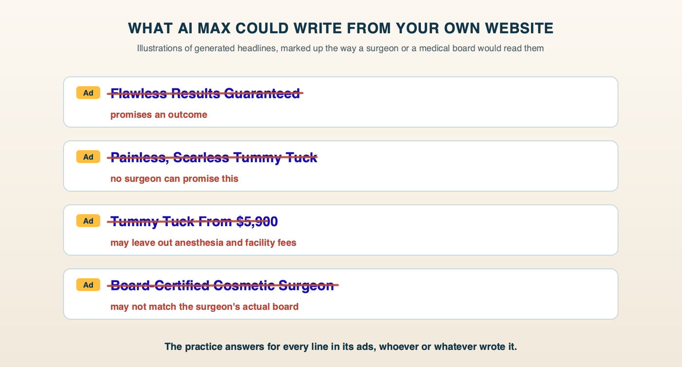 Four headlines AI Max could generate from a plastic surgery website, marked up in red: Flawless Results Guaranteed promises an outcome; Painless, Scarless Tummy Tuck makes claims no surgeon can promise; Tummy Tuck From $5,900 may leave out anesthesia and facility fees; Board-Certified Cosmetic Surgeon may not match the surgeon's actual board