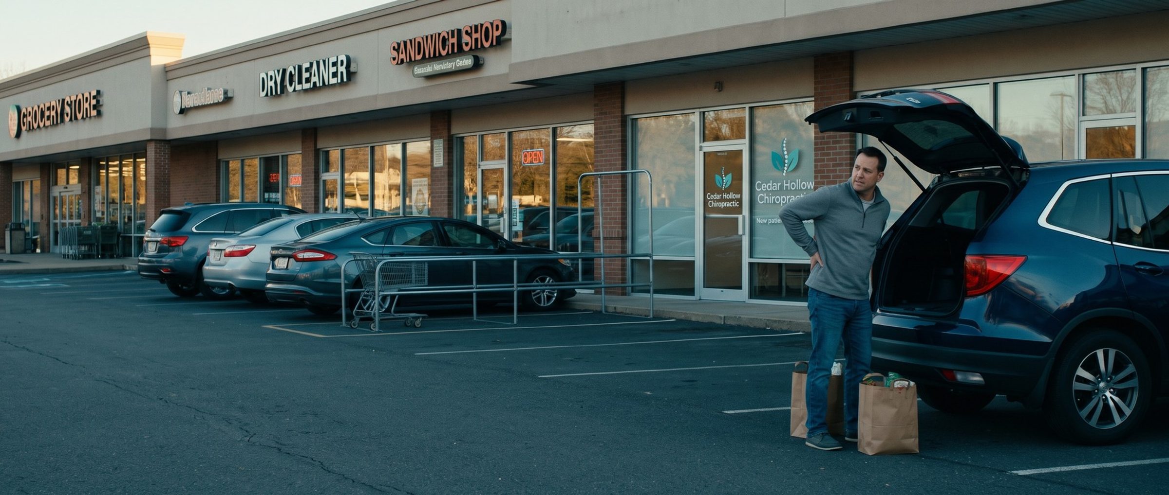 A man straightens up beside his open SUV hatch in a strip-mall parking lot with a hand pressed to his lower back, grocery bags at his feet, glancing at the Cedar Hollow Chiropractic storefront a few doors down