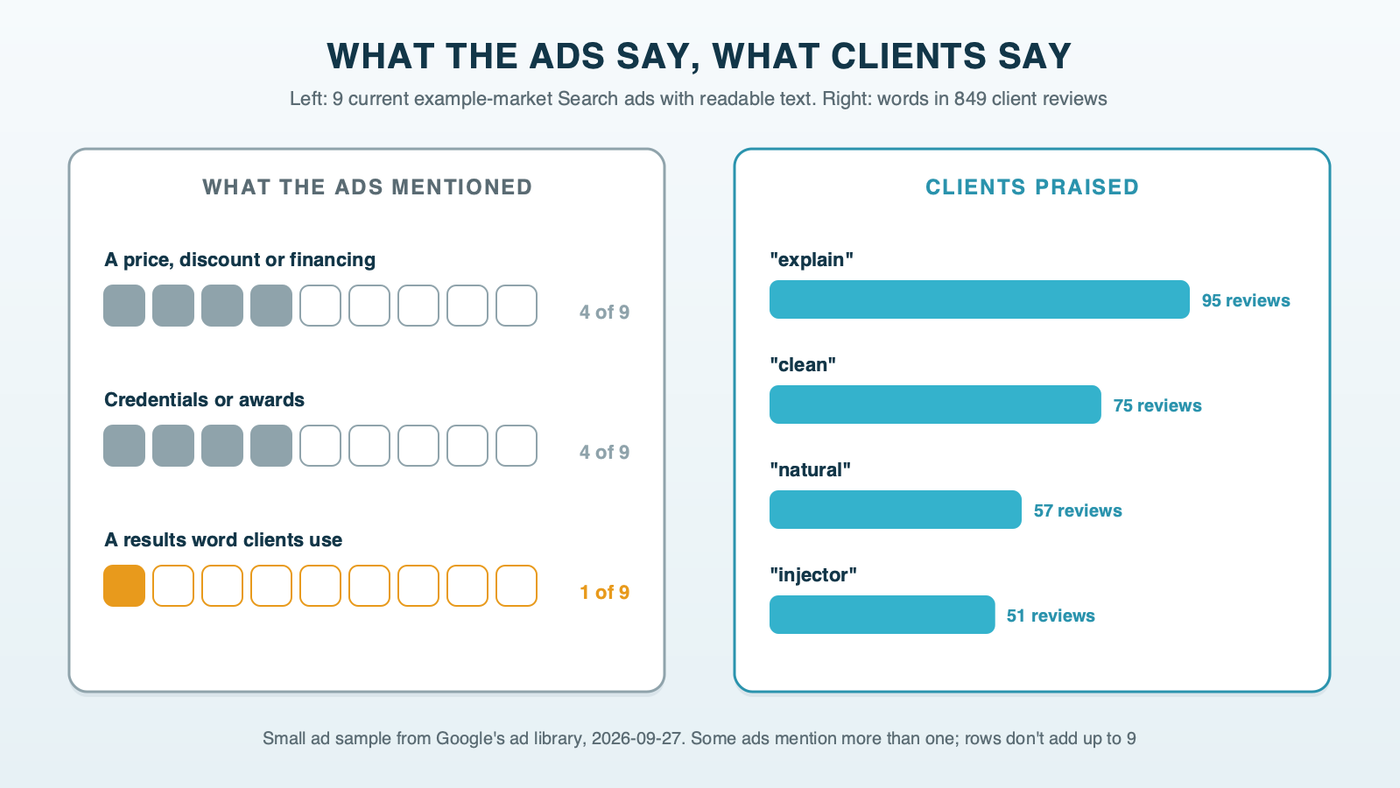 What the ads say next to what clients say: nine sampled ads sorted into price, credentials and results words, beside the words that come up most in 849 client reviews
