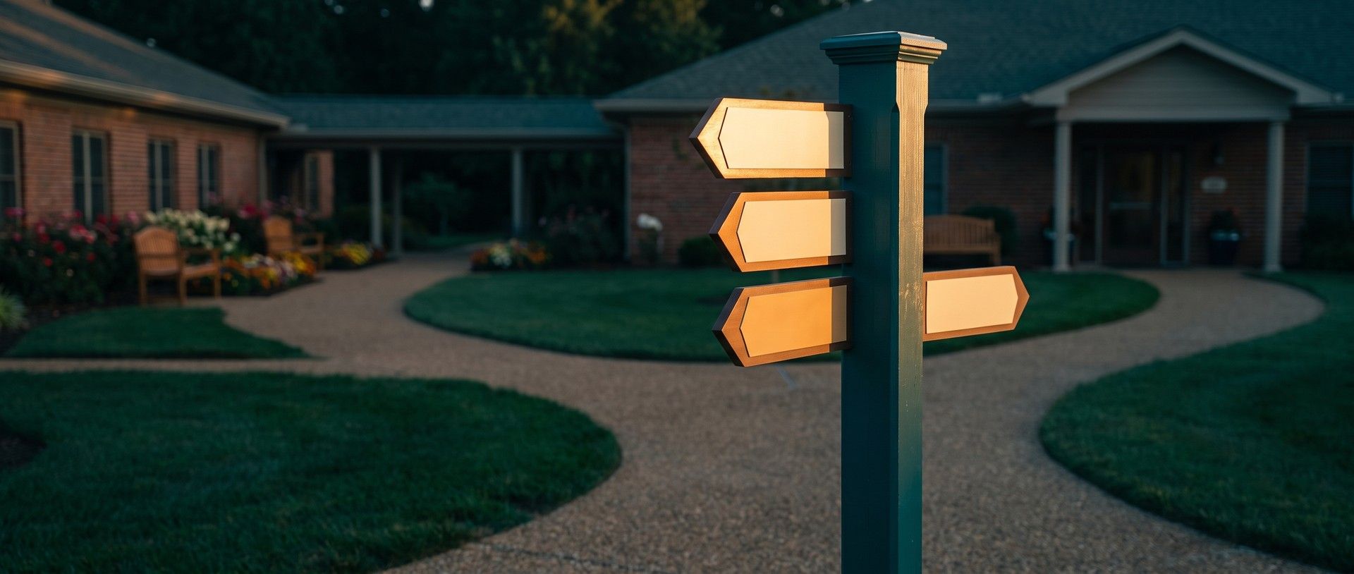 A teal wayfinding post with four blank amber arrow boards where a garden path splits on a senior living campus, two brick buildings joined by a covered walkway behind it in early morning light