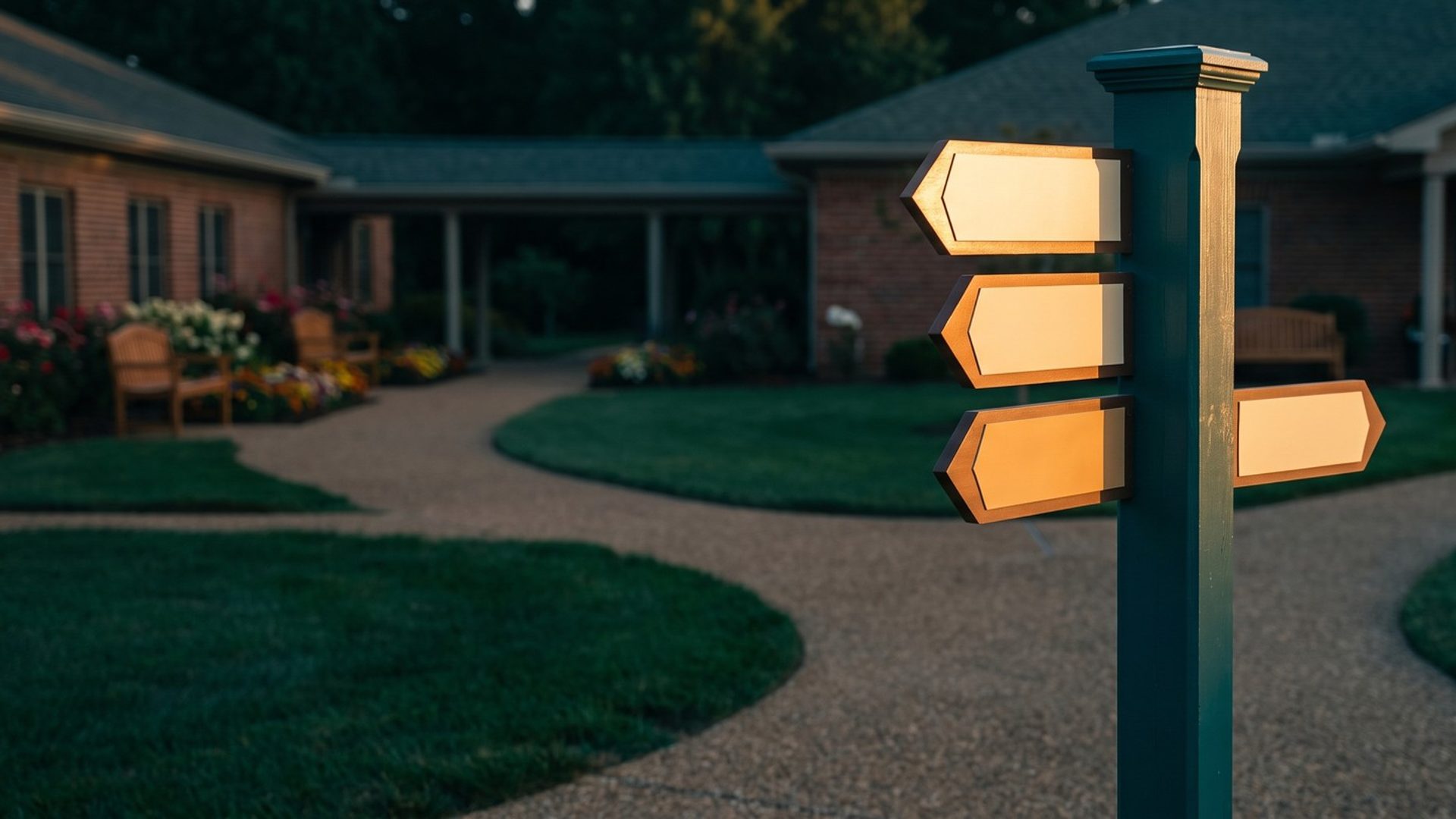 A teal wayfinding post with four blank amber arrow boards where a garden path splits on a senior living campus, two brick buildings joined by a covered walkway behind it in early morning light