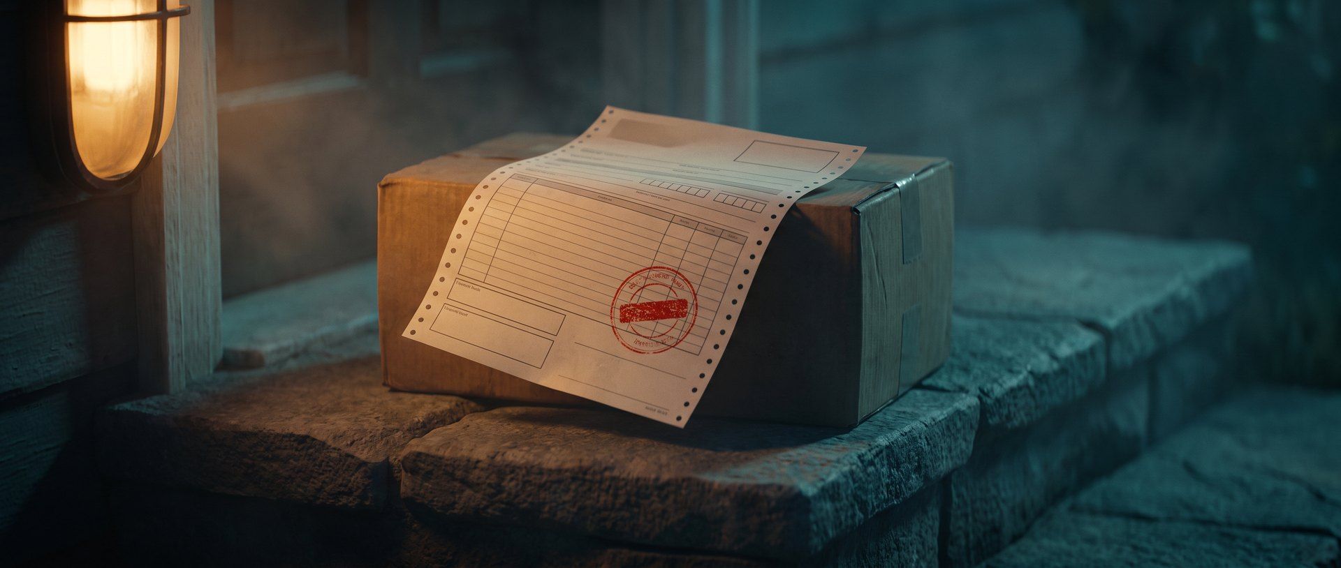 A plain cardboard parcel on a stone doorstep at dusk with an official ruled demand form and a red stamp draped across it, lit by a porch lamp