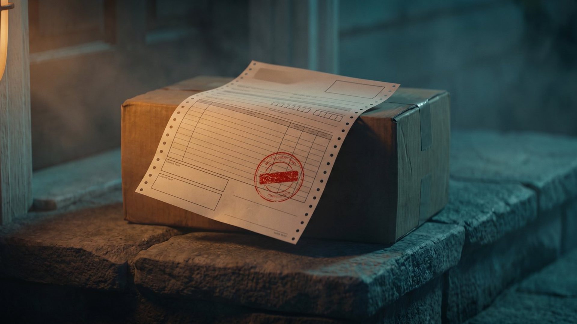 A plain cardboard parcel on a stone doorstep at dusk with an official ruled demand form and a red stamp draped across it, lit by a porch lamp