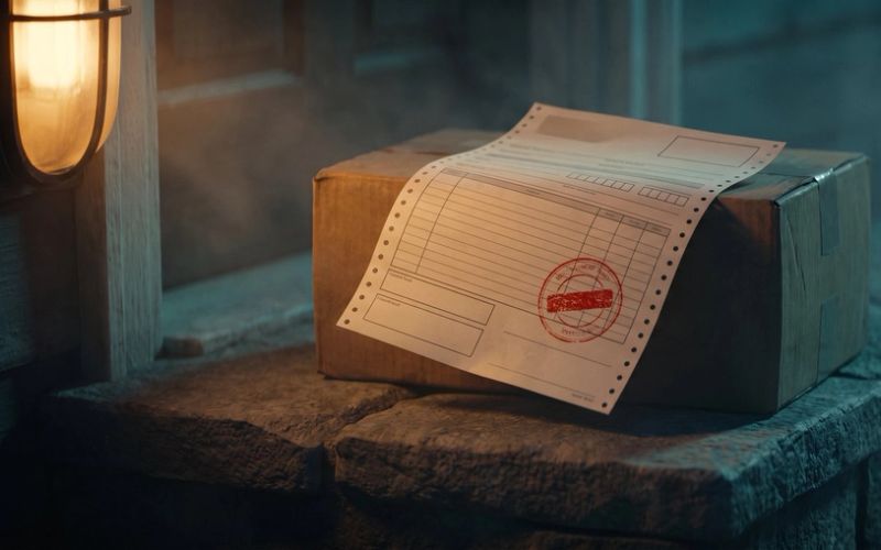 A plain cardboard parcel on a stone doorstep at dusk with an official ruled demand form and a red stamp draped across it, lit by a porch lamp