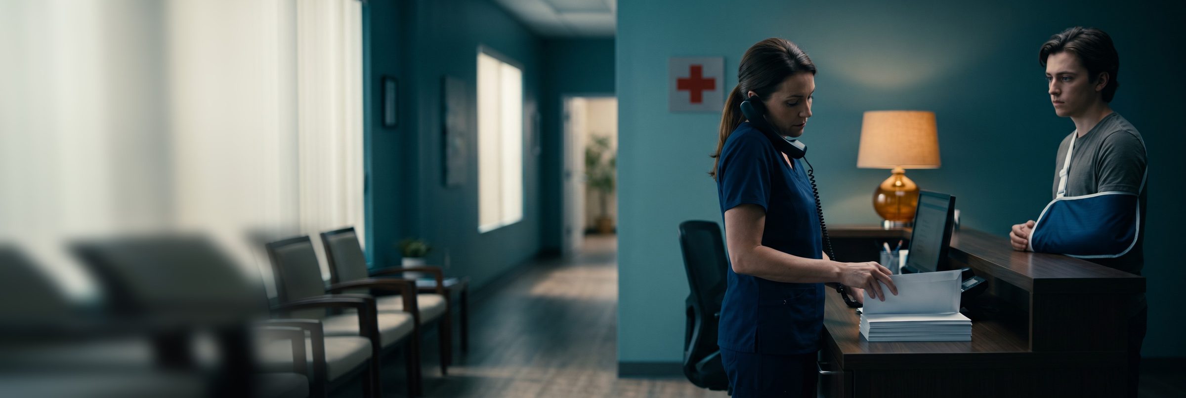 An urgent care receptionist holds a desk phone against her shoulder while sorting a stack of envelopes, as a young patient with his arm in a sling waits at the counter