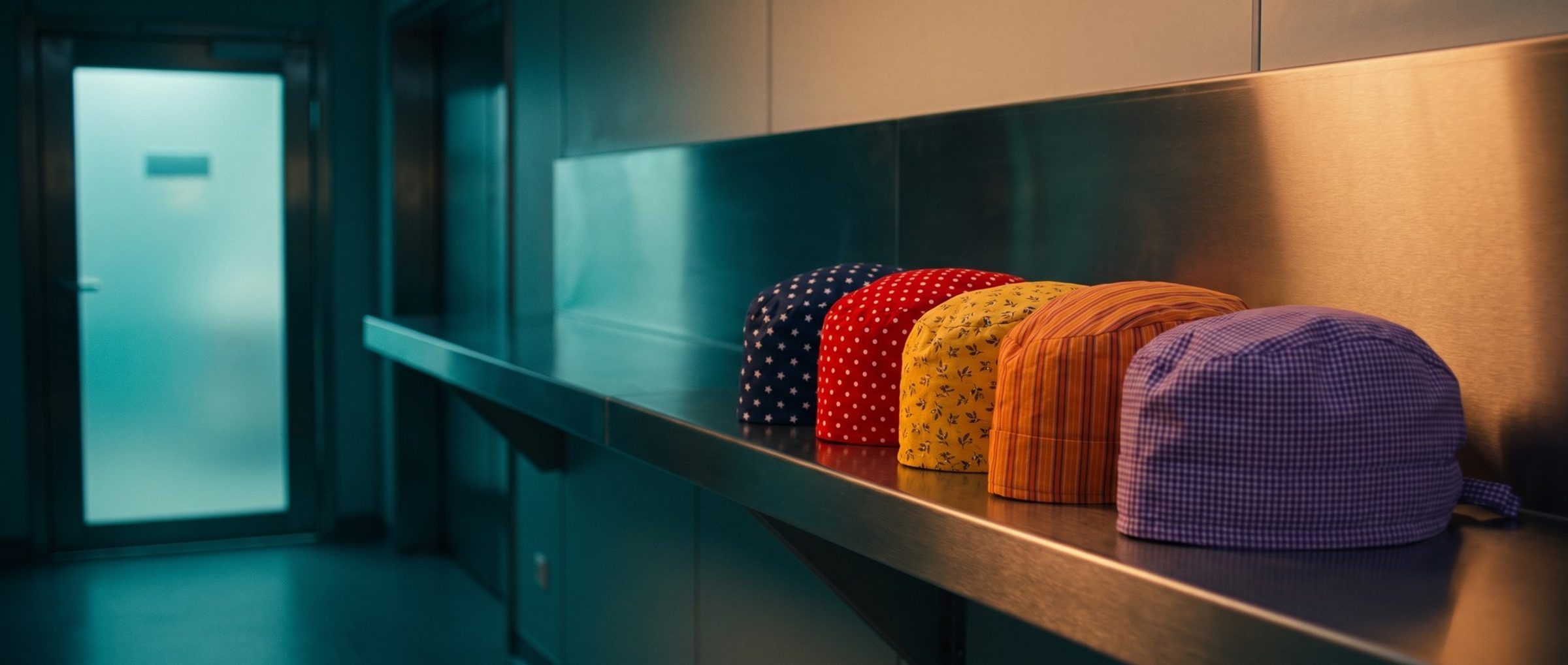 Five folded cloth surgical scrub caps in different bright prints, navy with stars, red with dots, yellow with leaves, orange stripes and purple check, in a row on a stainless steel shelf outside an operating room door