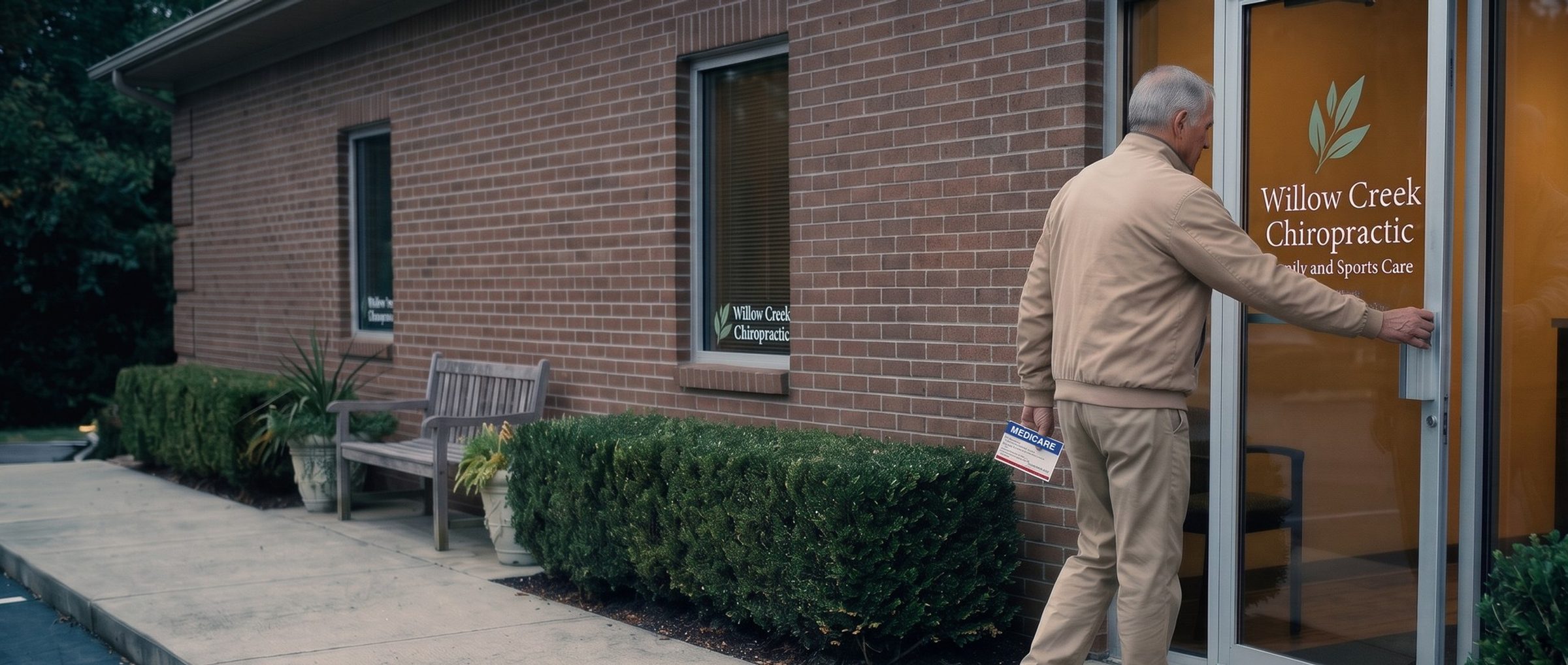 A retired man in a tan jacket reaches for the glass door of Willow Creek Chiropractic, a red, white and blue Medicare card in his other hand