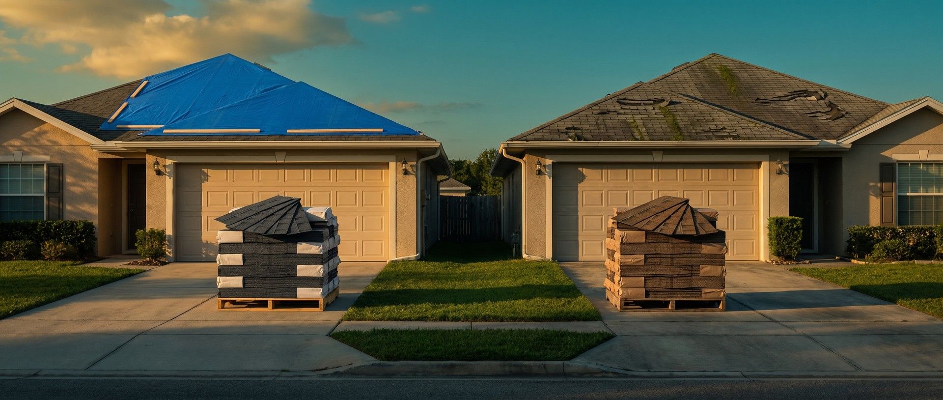 Two neighboring houses at golden hour, one roof under a blue storm tarp and the other old and moss-streaked, each driveway holding its own pallet of new shingle bundles with the top bundle fanned open