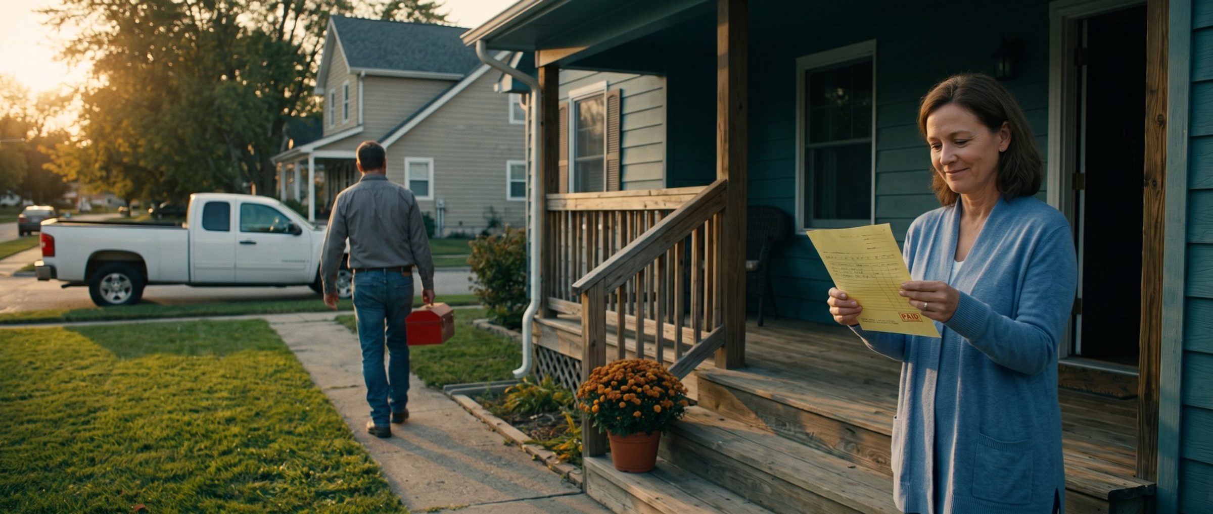 A homeowner on her front porch at golden hour smiles at a yellow work order stamped paid while the handyman walks back to his pickup truck carrying a red toolbox