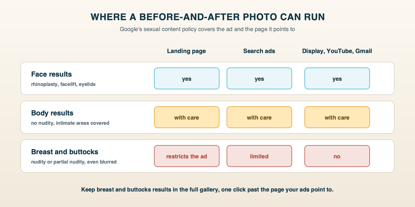 Where each kind of before-and-after photo can run: face results can appear on landing pages, in Search image assets and on Display, YouTube and Gmail, with claims rules; body results without nudity can appear in all three with care; breast and buttocks results with nudity or partial nudity are restricted on landing pages and Search and can't run on Display, YouTube or Gmail