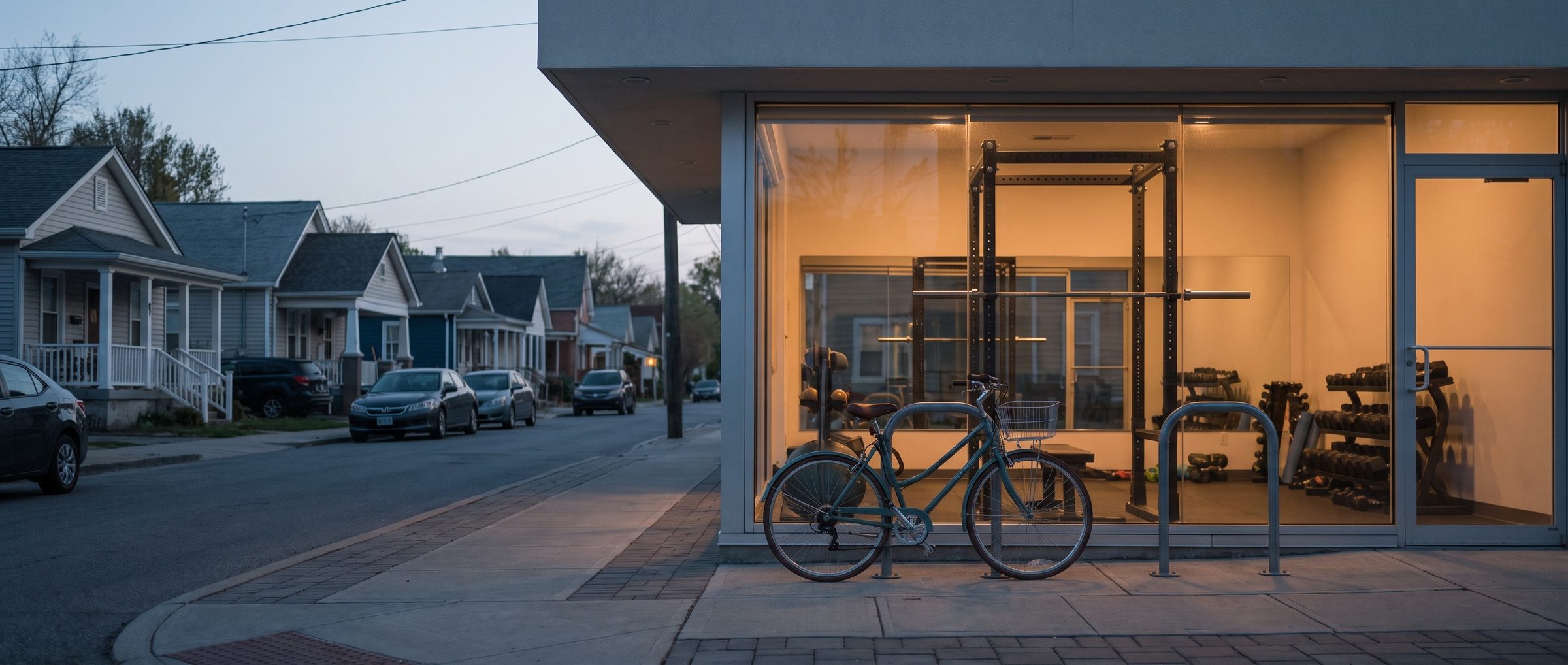 A teal commuter bicycle with a front basket on the sidewalk outside a small corner gym at dusk, its glass front glowing warm with a squat rack and dumbbells inside, a row of porch houses and parked cars down the residential street