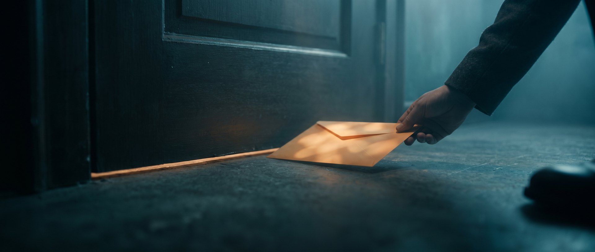 A hand sliding a glowing amber envelope under a dark closed door.